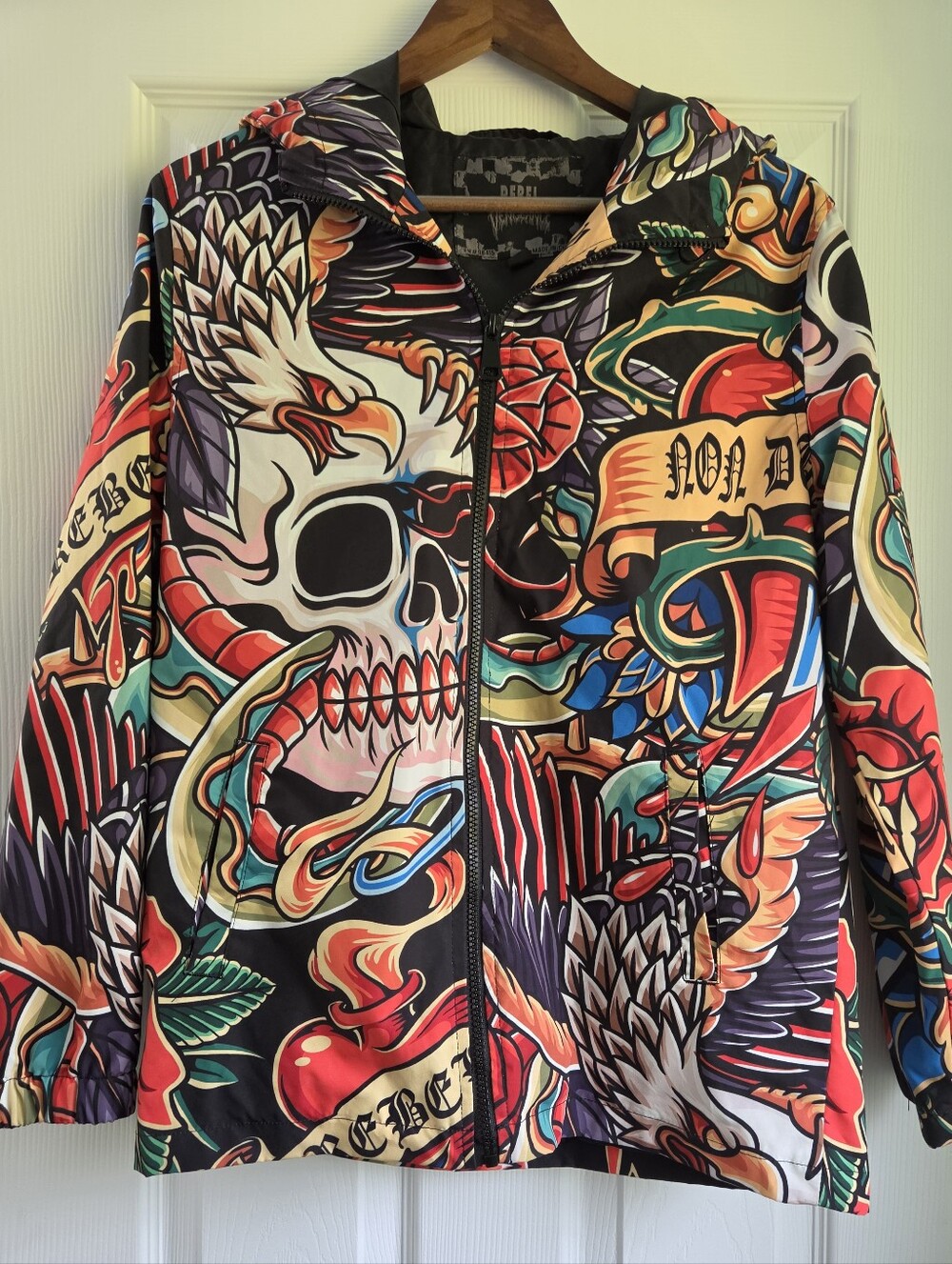 Rebel Vengeance Tattoo Skull Rose AOP Hooded Windbreaker Jacket Size Small